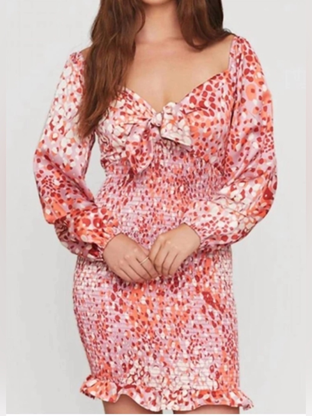Lost + Wander Pink Coral Printed Tie-Front Smocked Mini Dress